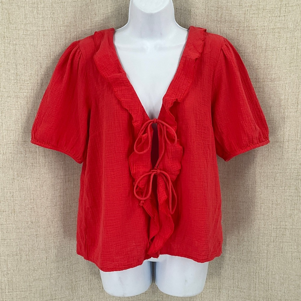 Lucky Brand Blouse Women M Red Cotton Ruffle Tie Front Puff Sleeve Boho Peasant